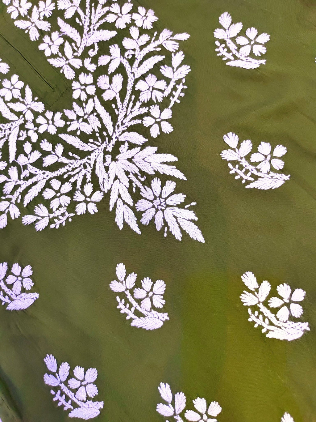 Rayon Handcrafted Chikankari Short Kurta - Olive Green - ADNEET