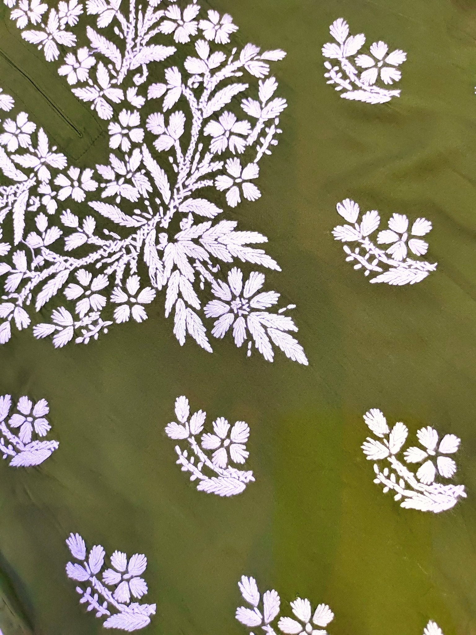 Rayon Handcrafted Chikankari Short Kurta - Olive Green - ADNEET