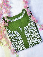 Rayon Handcrafted Chikankari Short Kurta - Olive Green - ADNEET