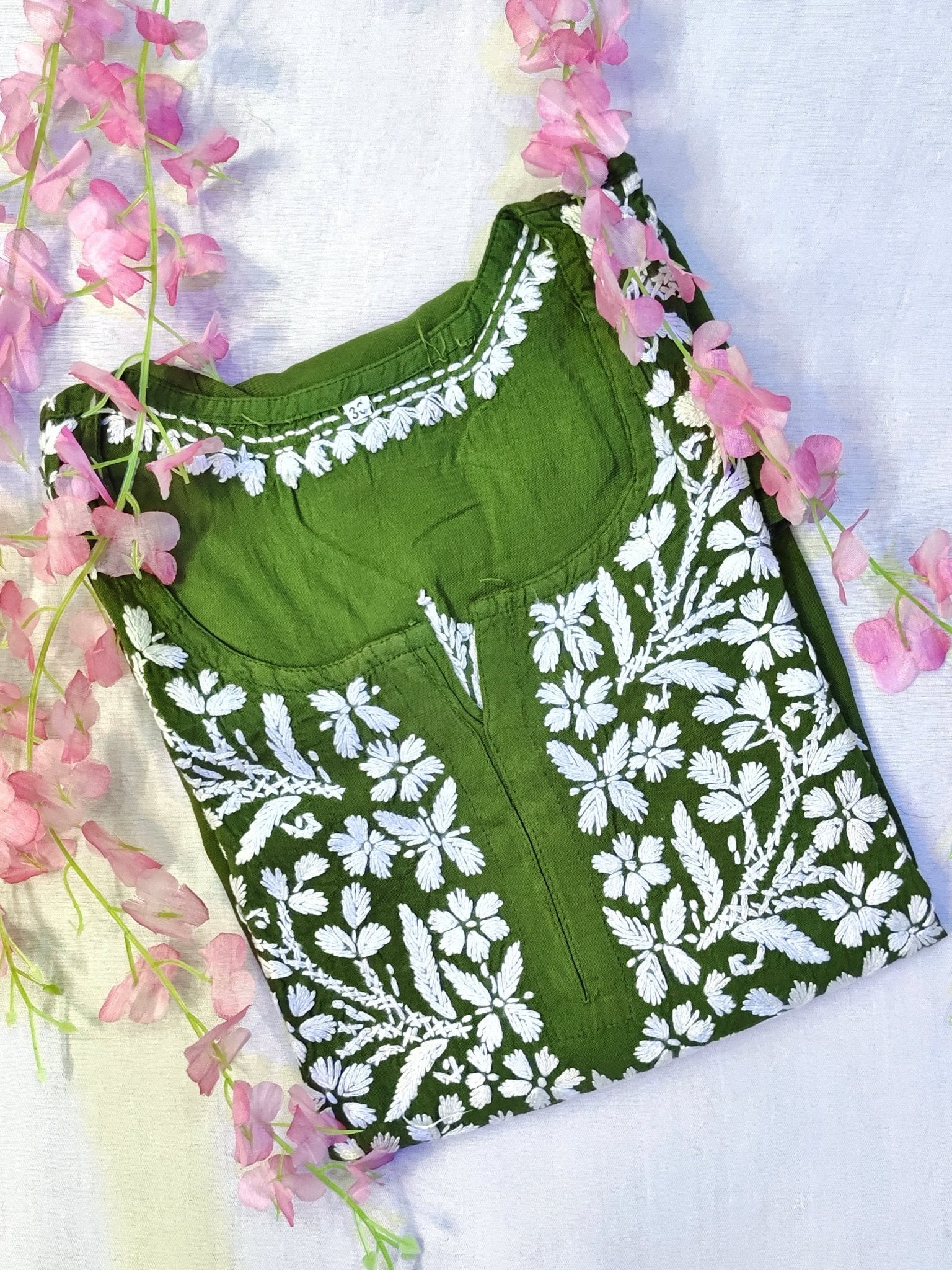 Rayon Handcrafted Chikankari Short Kurta - Olive Green - ADNEET