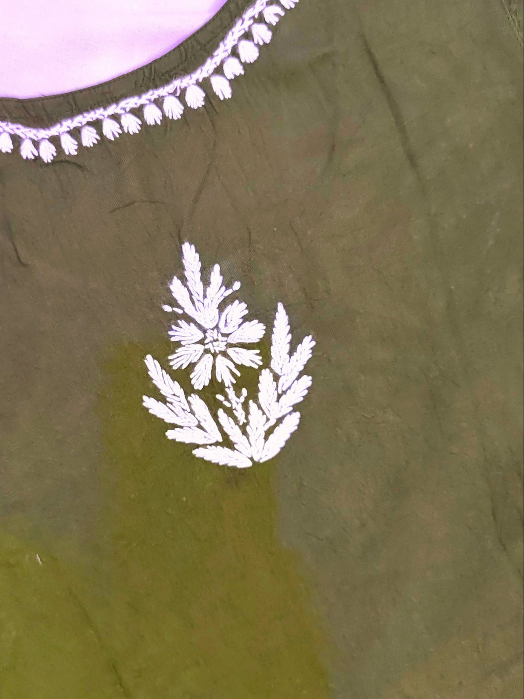 Rayon Handcrafted Chikankari Short Kurta - Olive Green - ADNEET