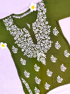 Rayon Handcrafted Chikankari Short Kurta - Olive Green - ADNEET