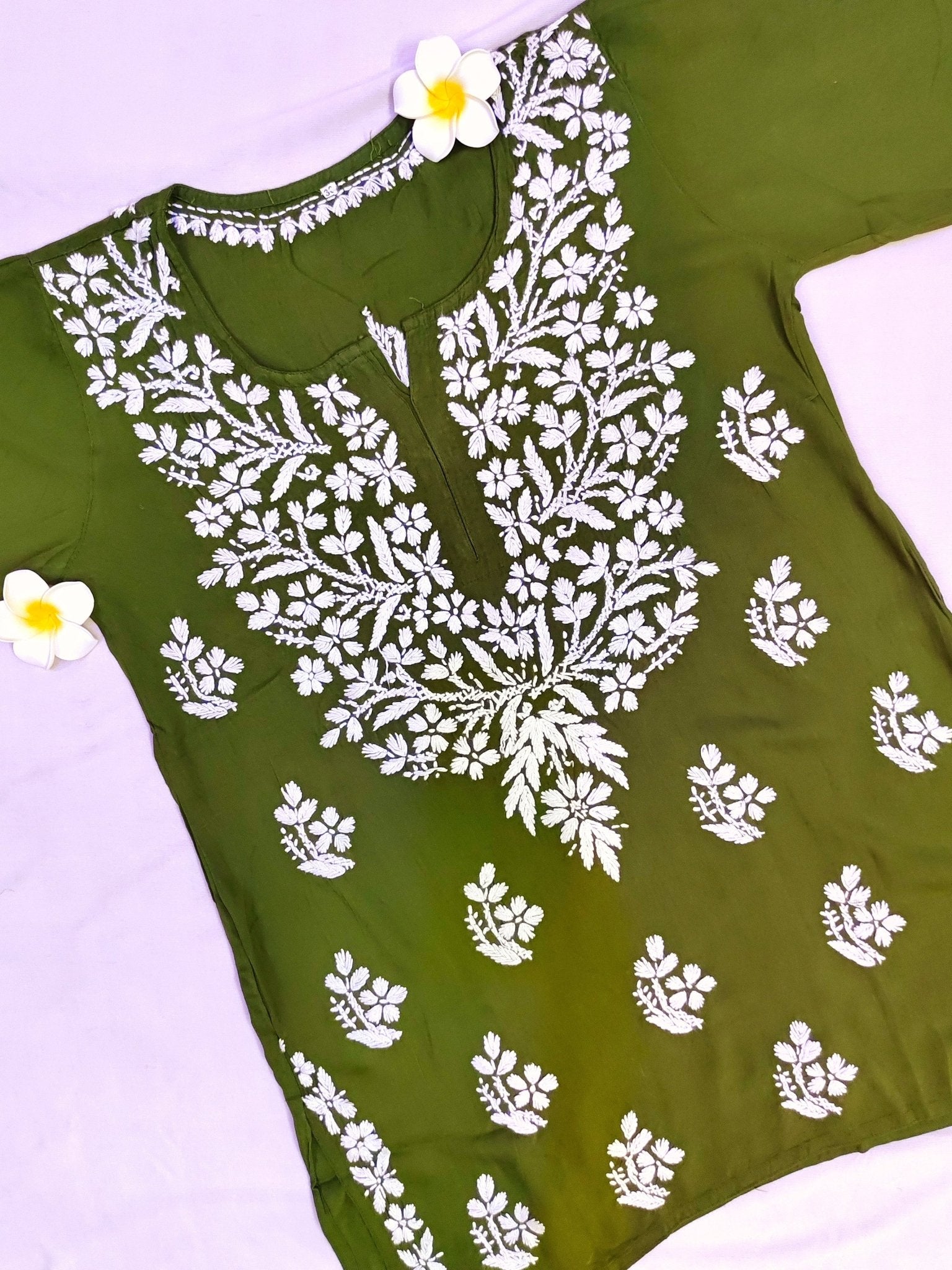 Rayon Handcrafted Chikankari Short Kurta - Olive Green - ADNEET