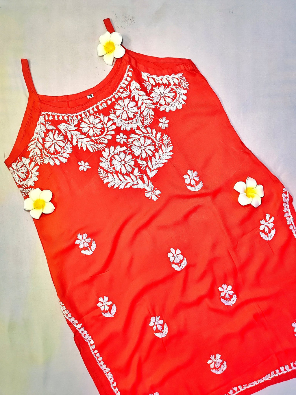 Rayon Handcrafted Strappy Chikankari Short Kurta - Crimson Red - ADNEET