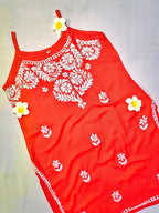 Rayon Handcrafted Strappy Chikankari Short Kurta - Crimson Red - ADNEET