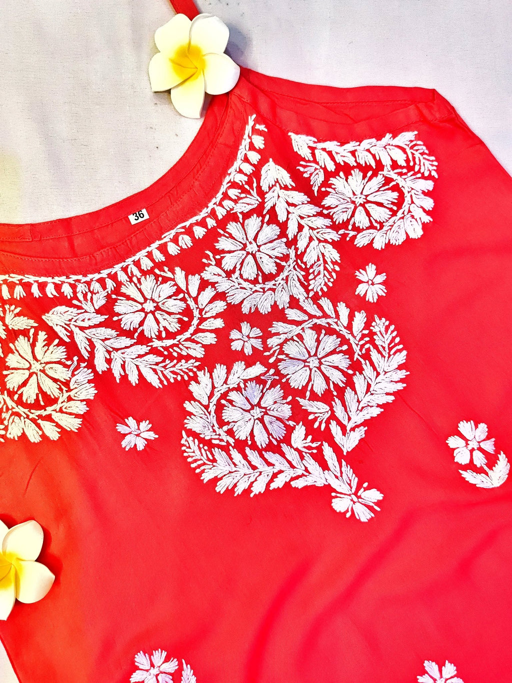 Rayon Handcrafted Strappy Chikankari Short Kurta - Crimson Red - ADNEET