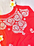 Rayon Handcrafted Strappy Chikankari Short Kurta - Crimson Red - ADNEET