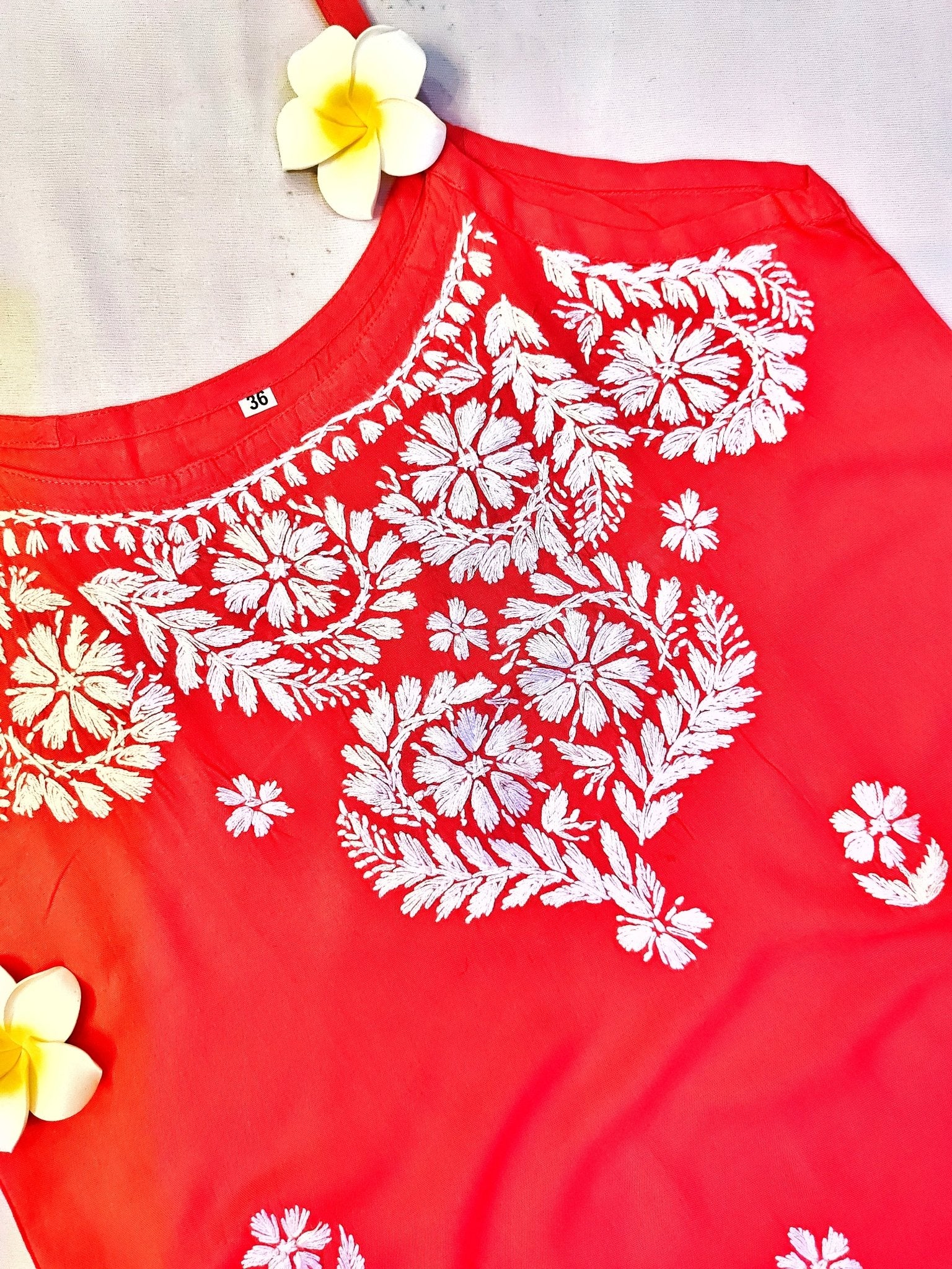 Rayon Handcrafted Strappy Chikankari Short Kurta - Crimson Red - ADNEET