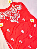Rayon Handcrafted Strappy Chikankari Short Kurta - Crimson Red - ADNEET