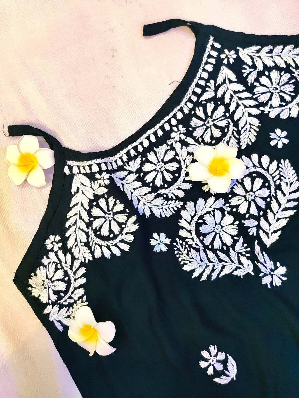 Rayon Handcrafted Strappy Chikankari Short Kurta - Jet Black - ADNEET