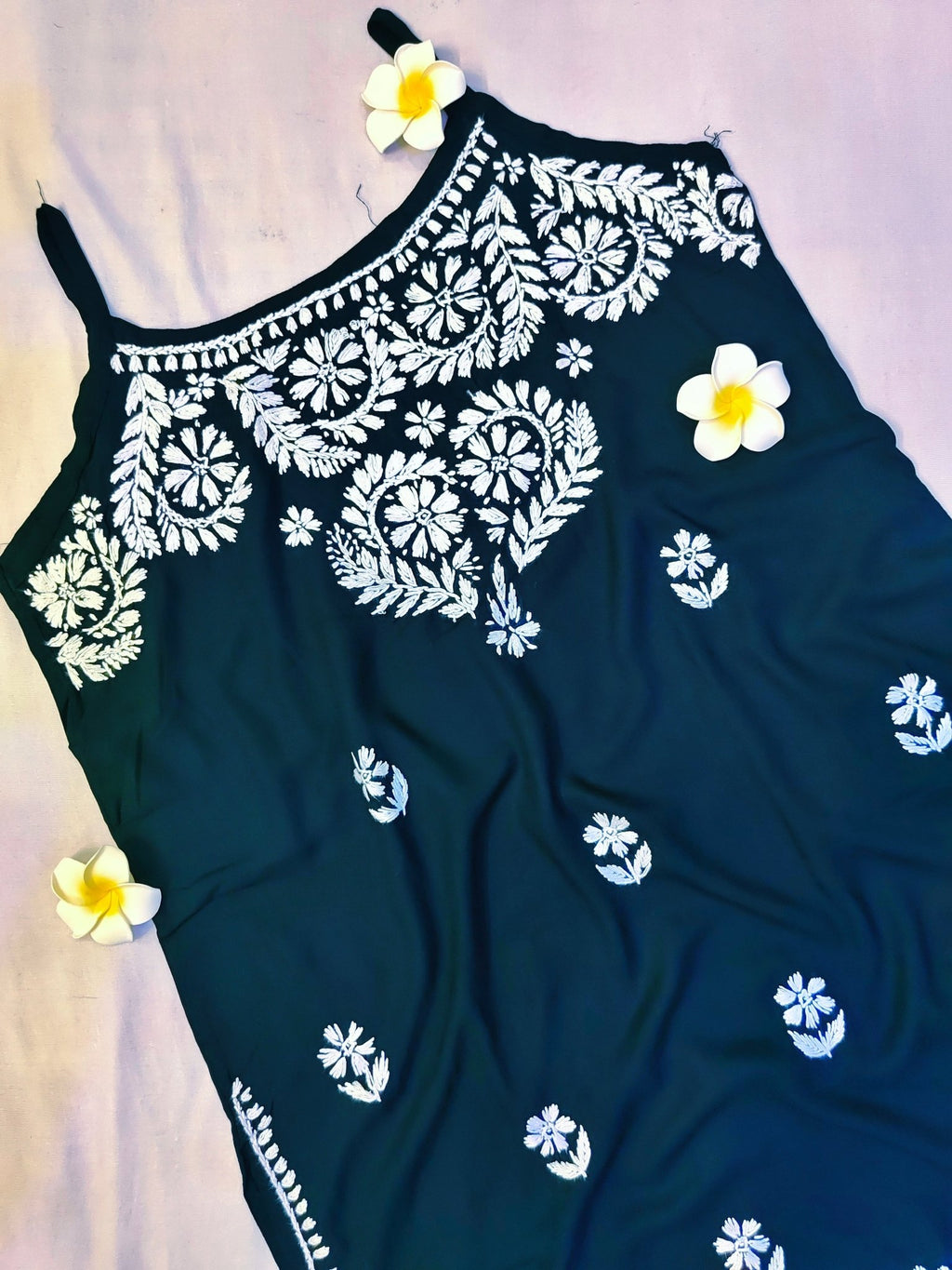 Rayon Handcrafted Strappy Chikankari Short Kurta - Jet Black - ADNEET