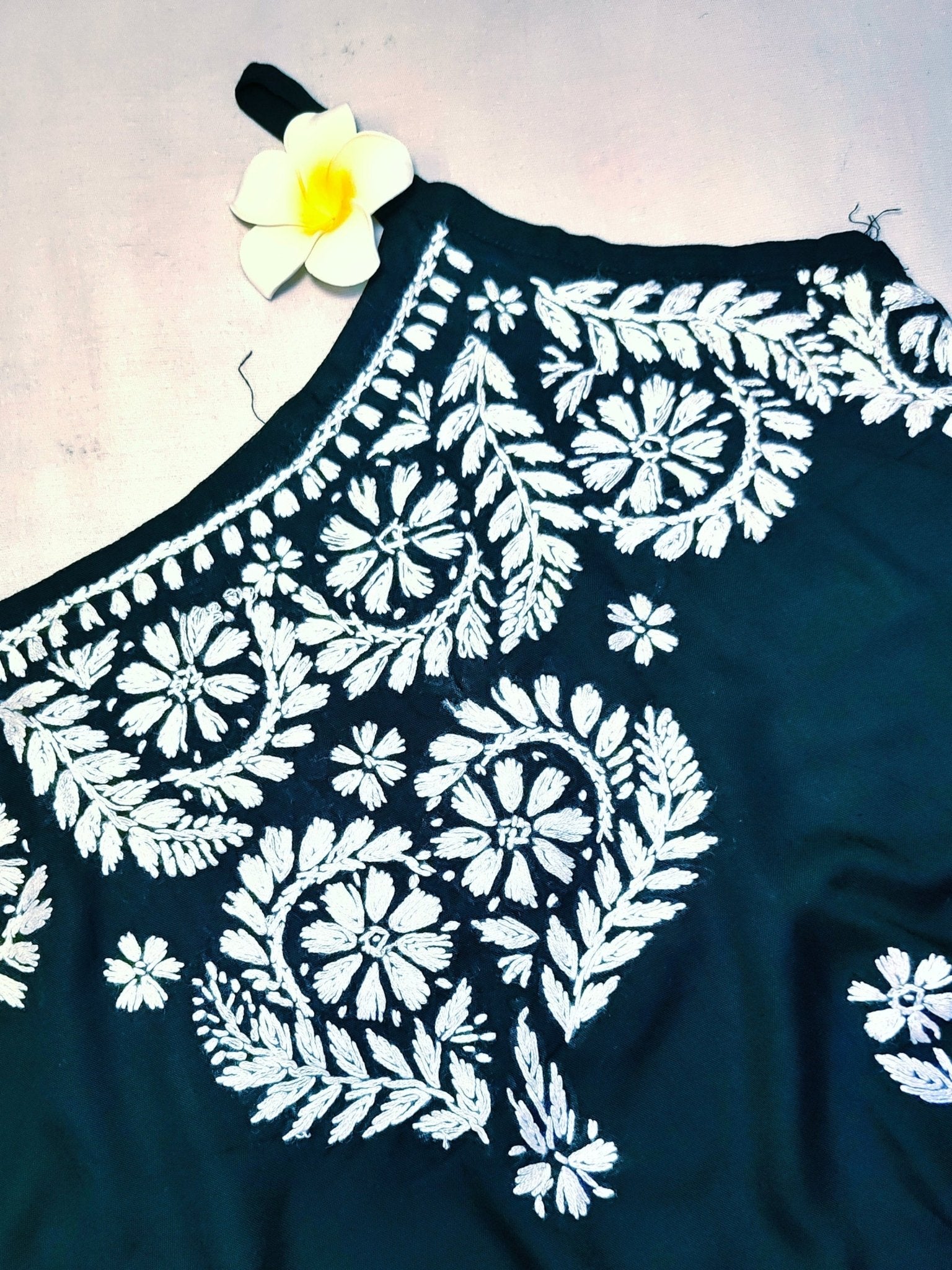 Rayon Handcrafted Strappy Chikankari Short Kurta - Jet Black - ADNEET