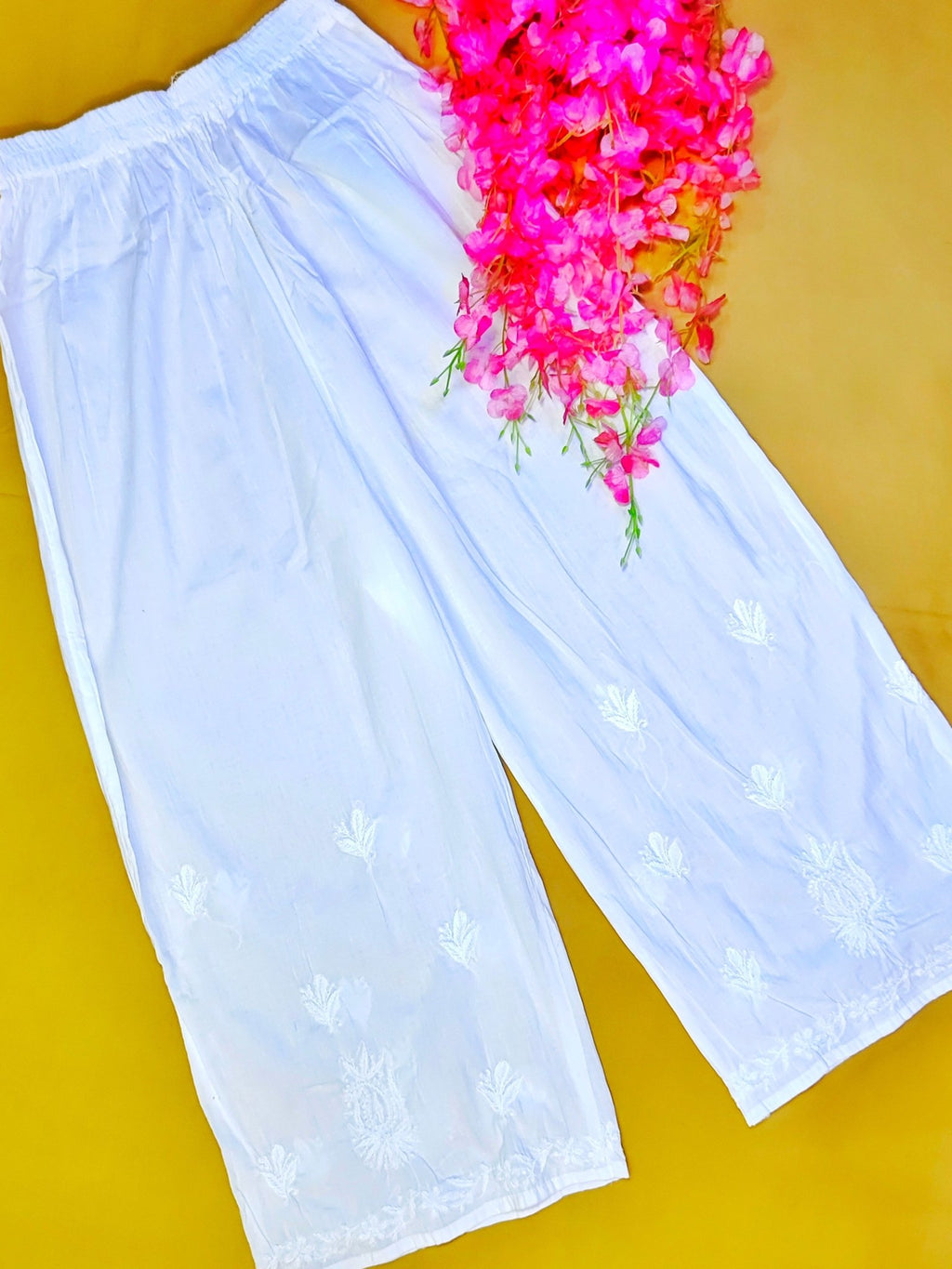 Soft Cotton Handcrafted Chikankari Plazzo Pant - White - ADNEET