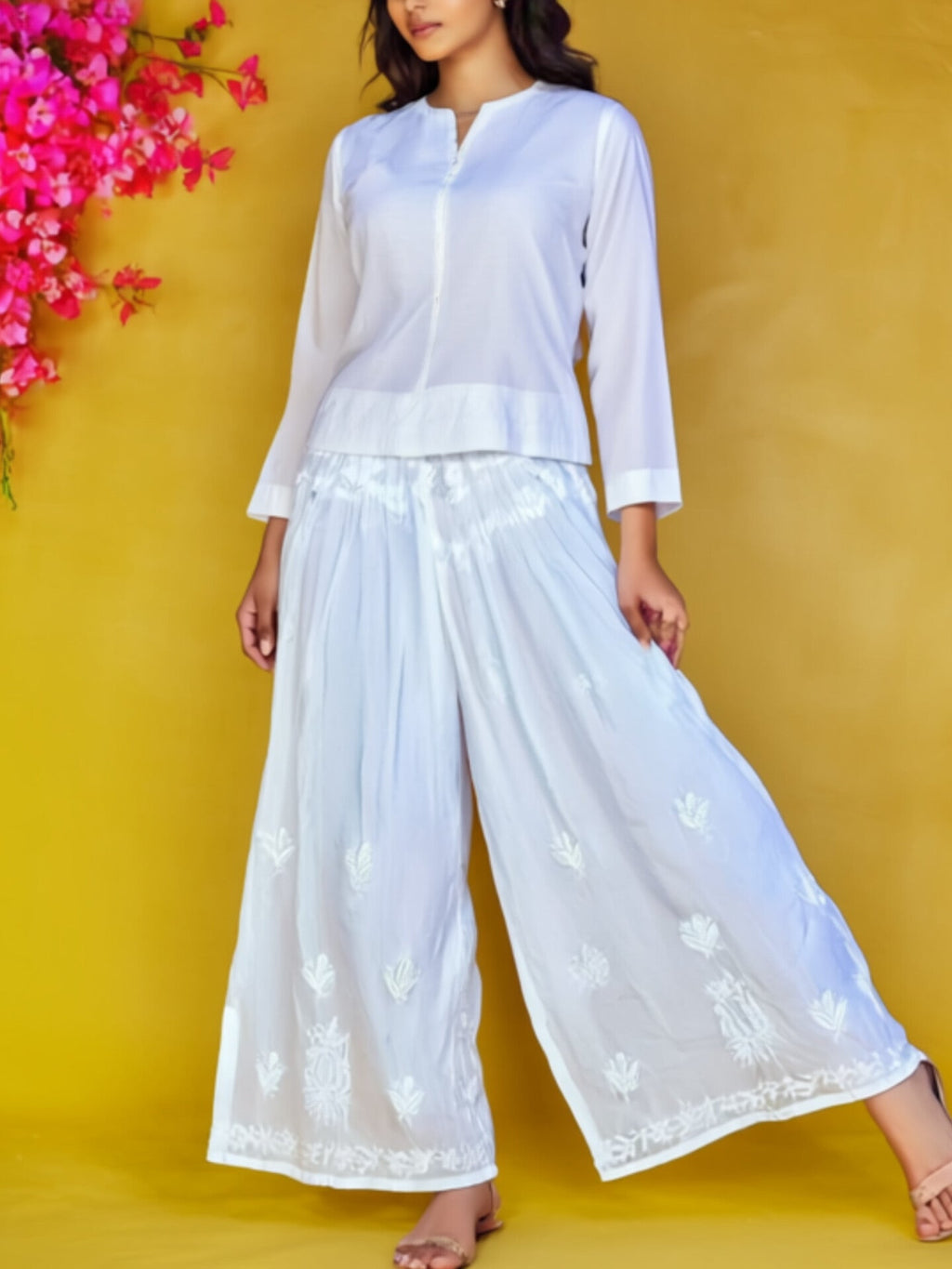 Soft Cotton Handcrafted Chikankari Plazzo Pant - White - ADNEET