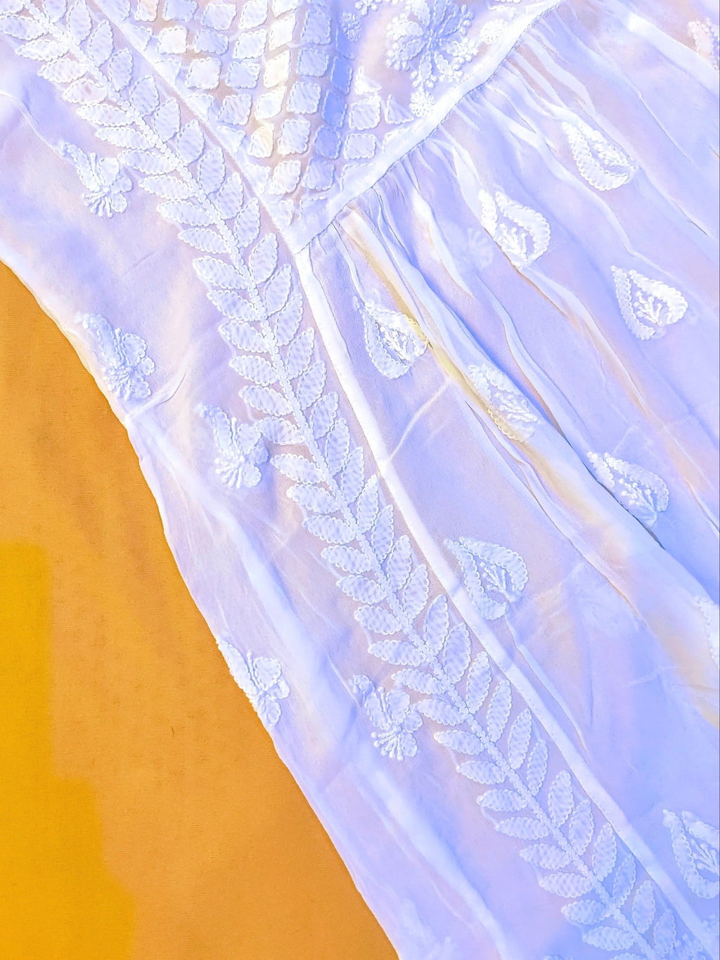 Viscose Chiffon Handcrafted Chikankari A - Line Tunic - Pearl White - ADNEET