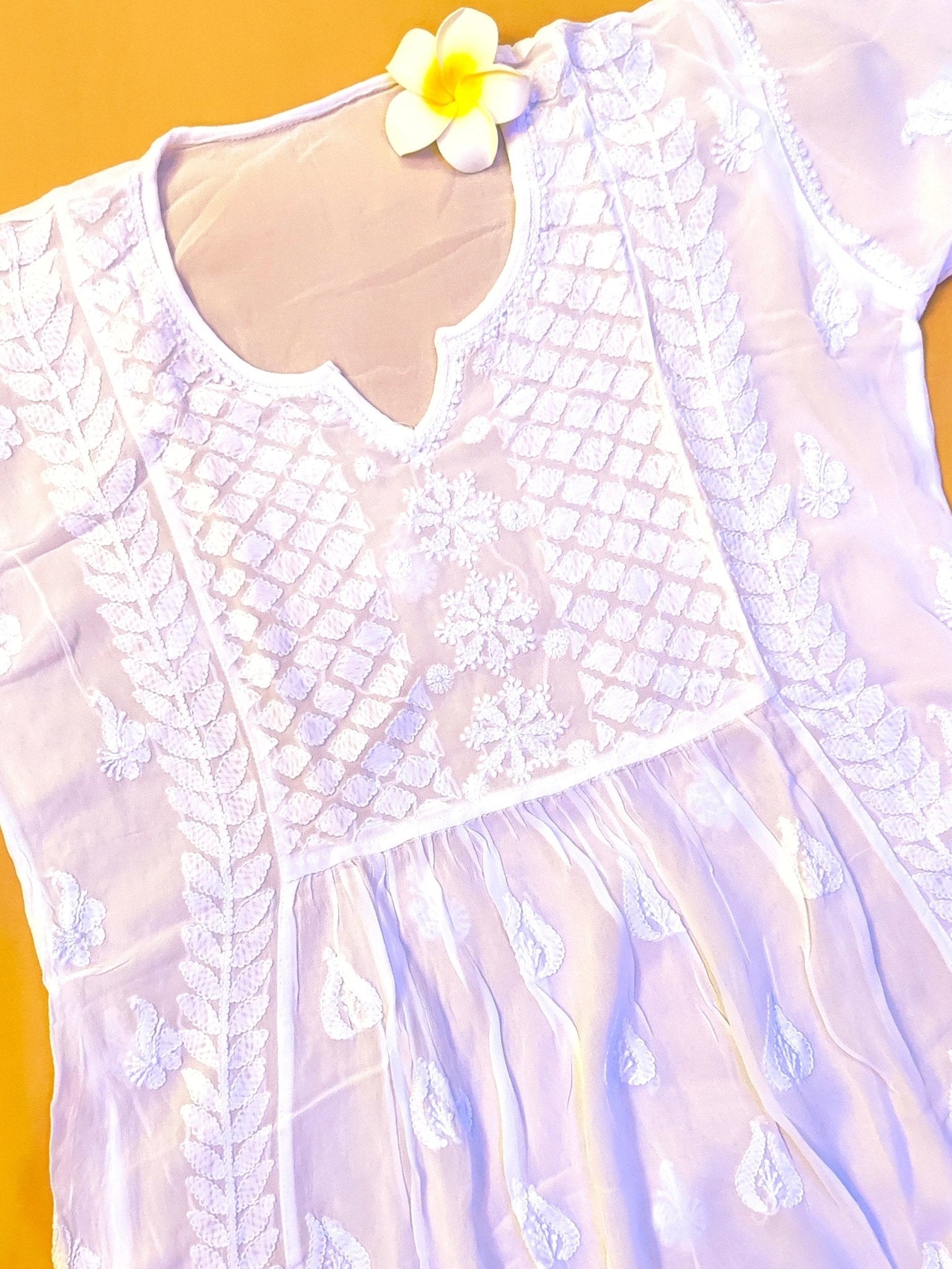 Viscose Chiffon Handcrafted Chikankari A - Line Tunic - Pearl White - ADNEET