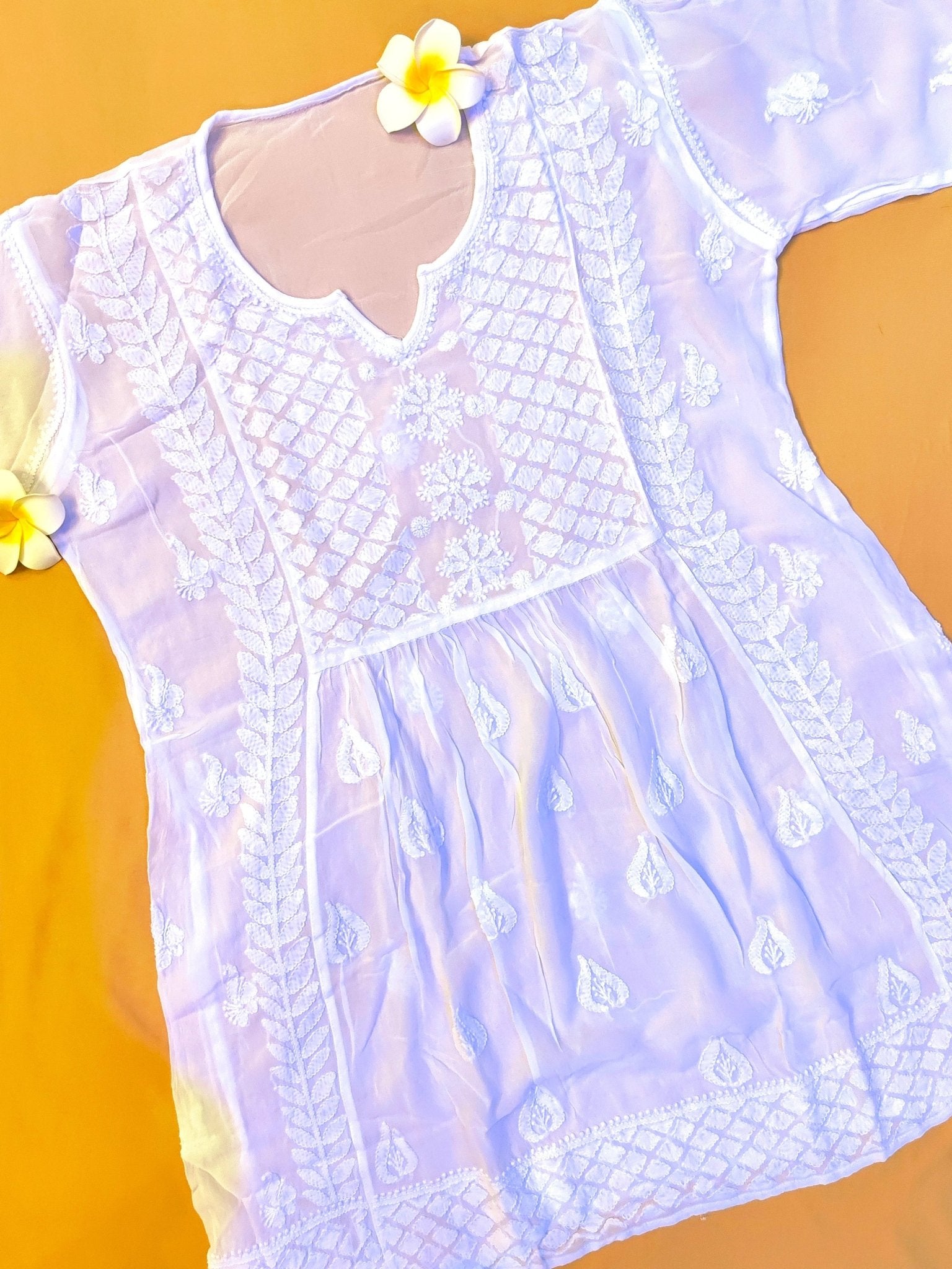 Viscose Chiffon Handcrafted Chikankari A - Line Tunic - Pearl White - ADNEET