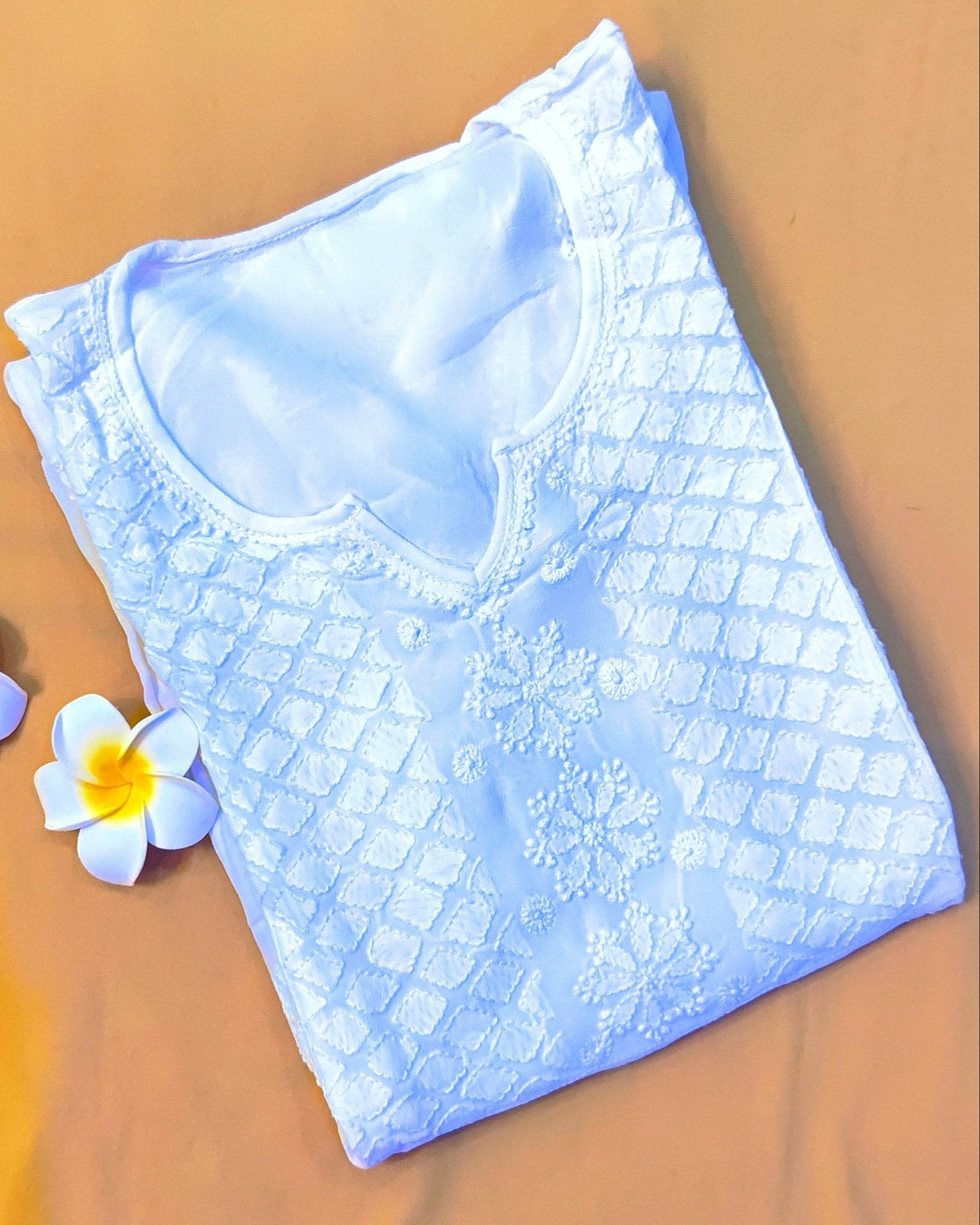 Viscose Chiffon Handcrafted Chikankari A - Line Tunic - Pearl White - ADNEET