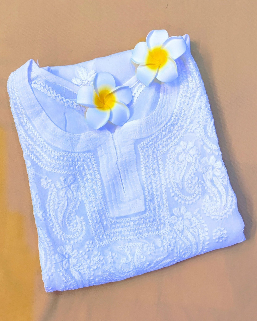 Viscose Chiffon Handcrafted Chikankari Short Kurta - Pearl White - ADNEET