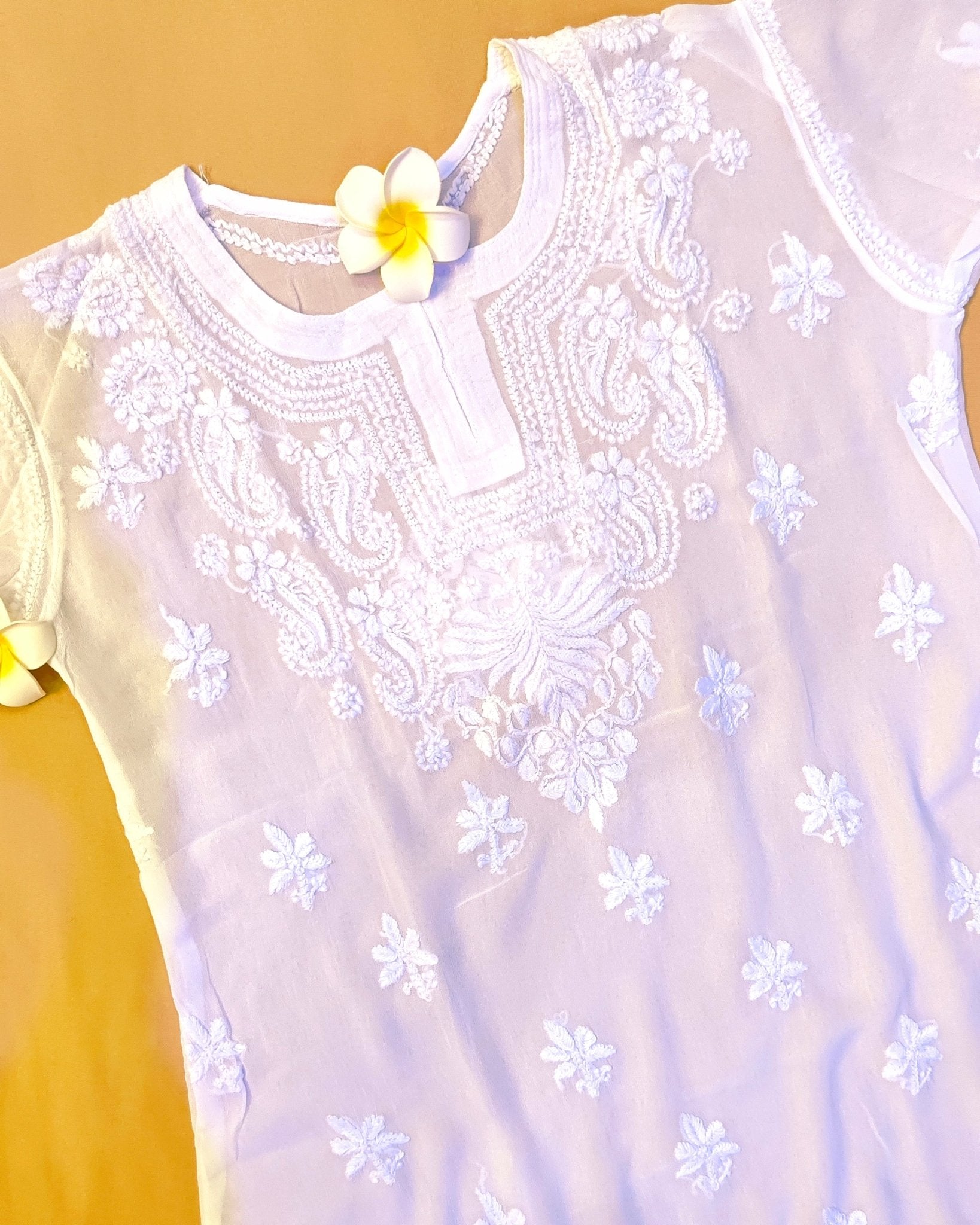 Viscose Chiffon Handcrafted Chikankari Short Kurta - Pearl White - ADNEET